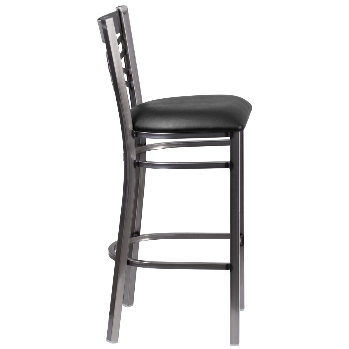 Black Vinyl Seat/Clear Coated Metal Frame |#| Clear Coated "X" Back Metal Restaurant Barstool - Black Vinyl Seat
