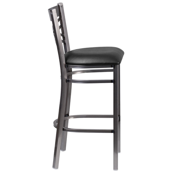 Black Vinyl Seat/Clear Coated Metal Frame |#| Clear Coated "X" Back Metal Restaurant Barstool - Black Vinyl Seat