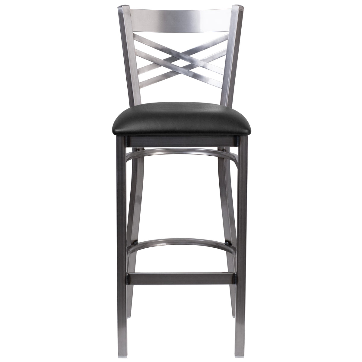 Black Vinyl Seat/Clear Coated Metal Frame |#| Clear Coated "X" Back Metal Restaurant Barstool - Black Vinyl Seat