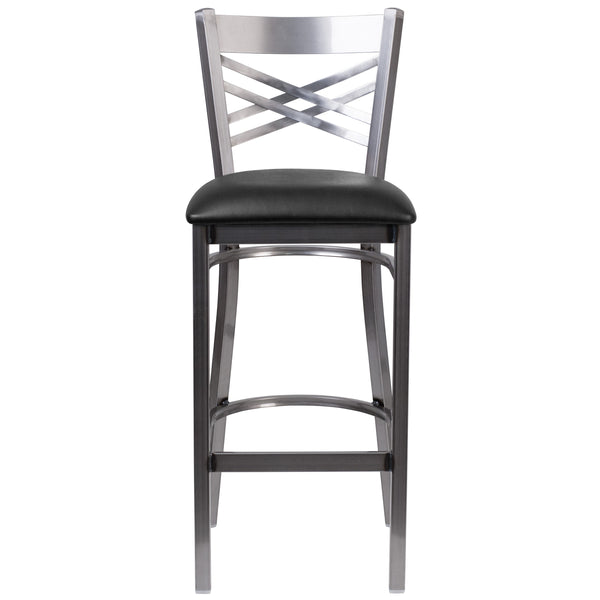 Black Vinyl Seat/Clear Coated Metal Frame |#| Clear Coated "X" Back Metal Restaurant Barstool - Black Vinyl Seat