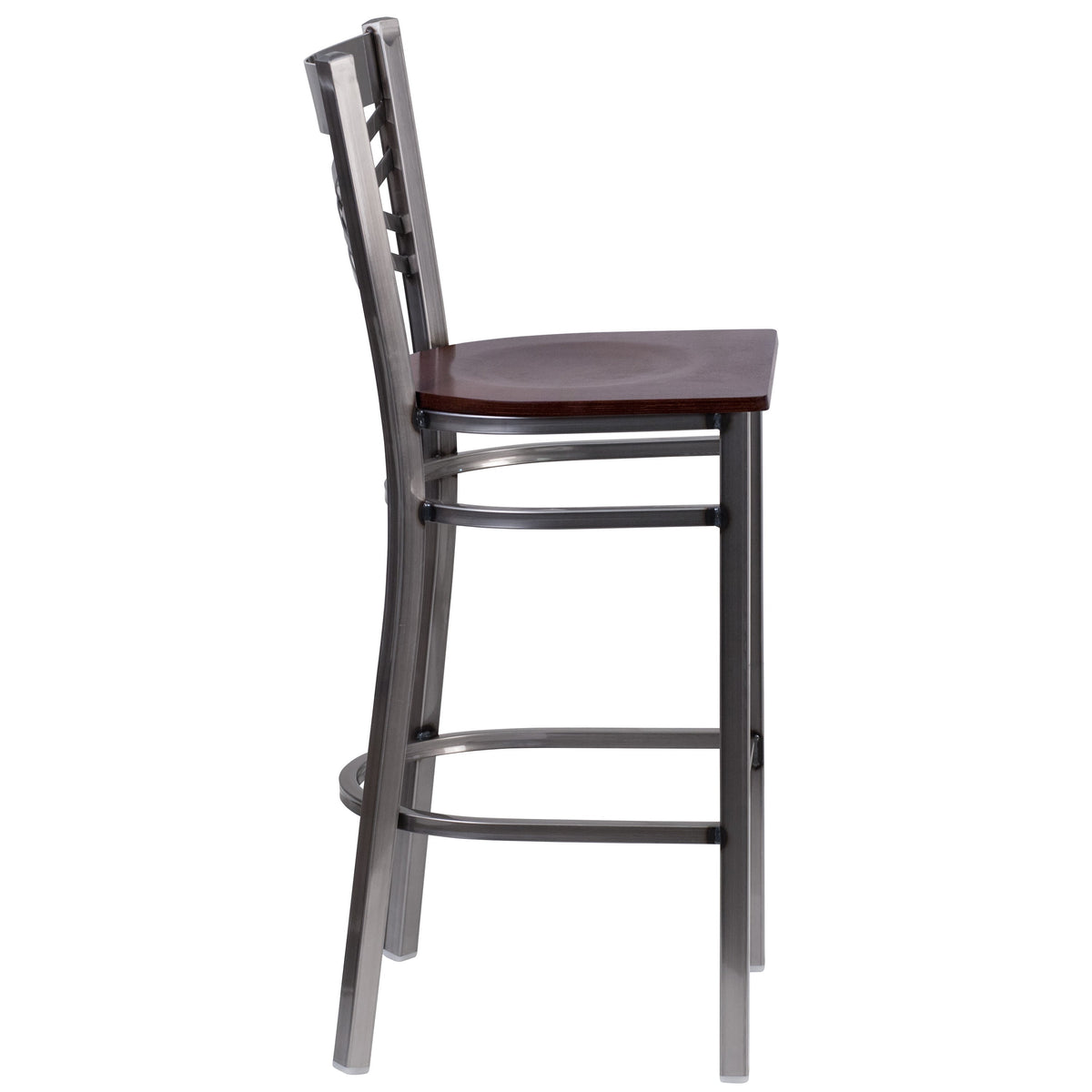 Walnut Wood Seat/Clear Coated Metal Frame |#| Clear Coated "X" Back Metal Restaurant Barstool - Walnut Wood Seat