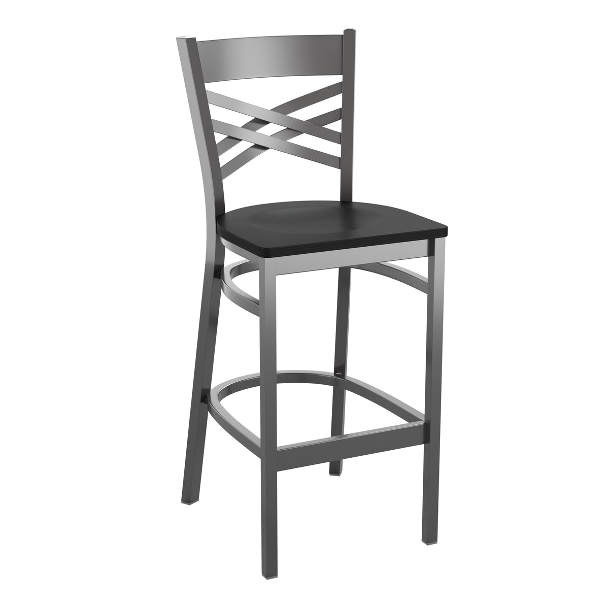 Black Wood Seat/Clear Coated Metal Frame |#| Clear Coated "X" Back Metal Restaurant Barstool - Black Wood Seat
