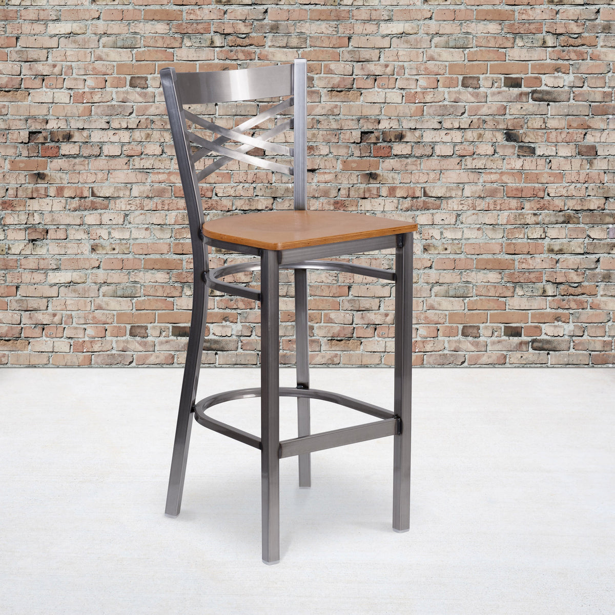 Natural Wood Seat/Clear Coated Metal Frame |#| Clear Coated "X" Back Metal Restaurant Barstool - Natural Wood Seat