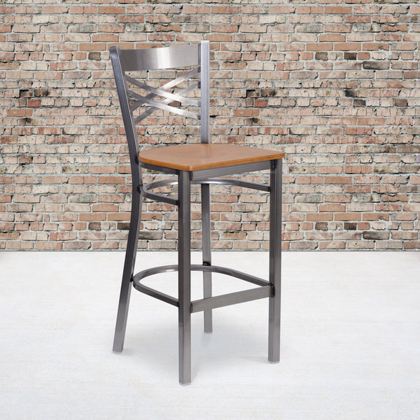 Natural Wood Seat/Clear Coated Metal Frame |#| Clear Coated "X" Back Metal Restaurant Barstool - Natural Wood Seat