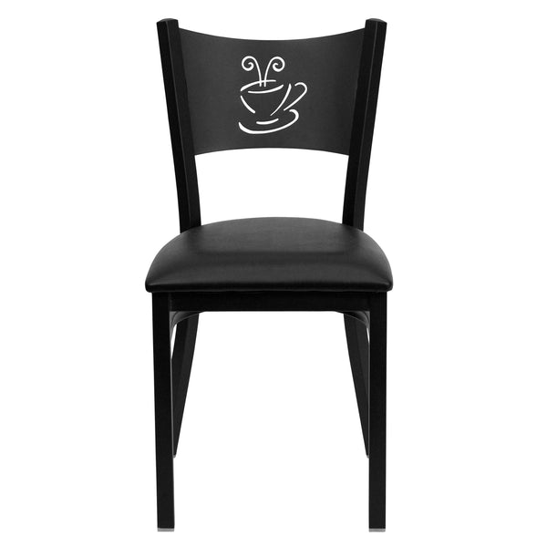 Black Vinyl Seat/Black Metal Frame |#| Black Coffee Back Metal Restaurant Chair with Black Vinyl Foam Padded Seat