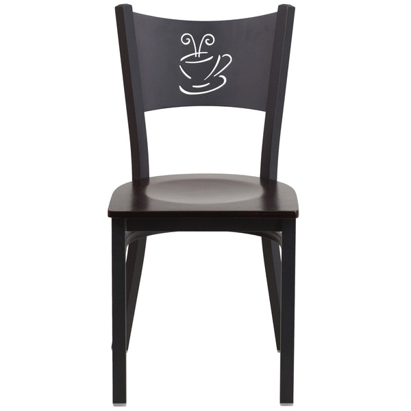 Walnut Wood Seat/Black Metal Frame |#| Black Coffee Back Metal Restaurant Chair with Walnut Wood Seat