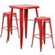 Red |#| 23.75inch Square Red Metal Bar Table Set with 2 Square Seat Backless Stools