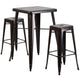 Black-Antique Gold |#| 23.75inch Square Black-Gold Metal Bar Table Set with 2 Square Seat Backless Stools