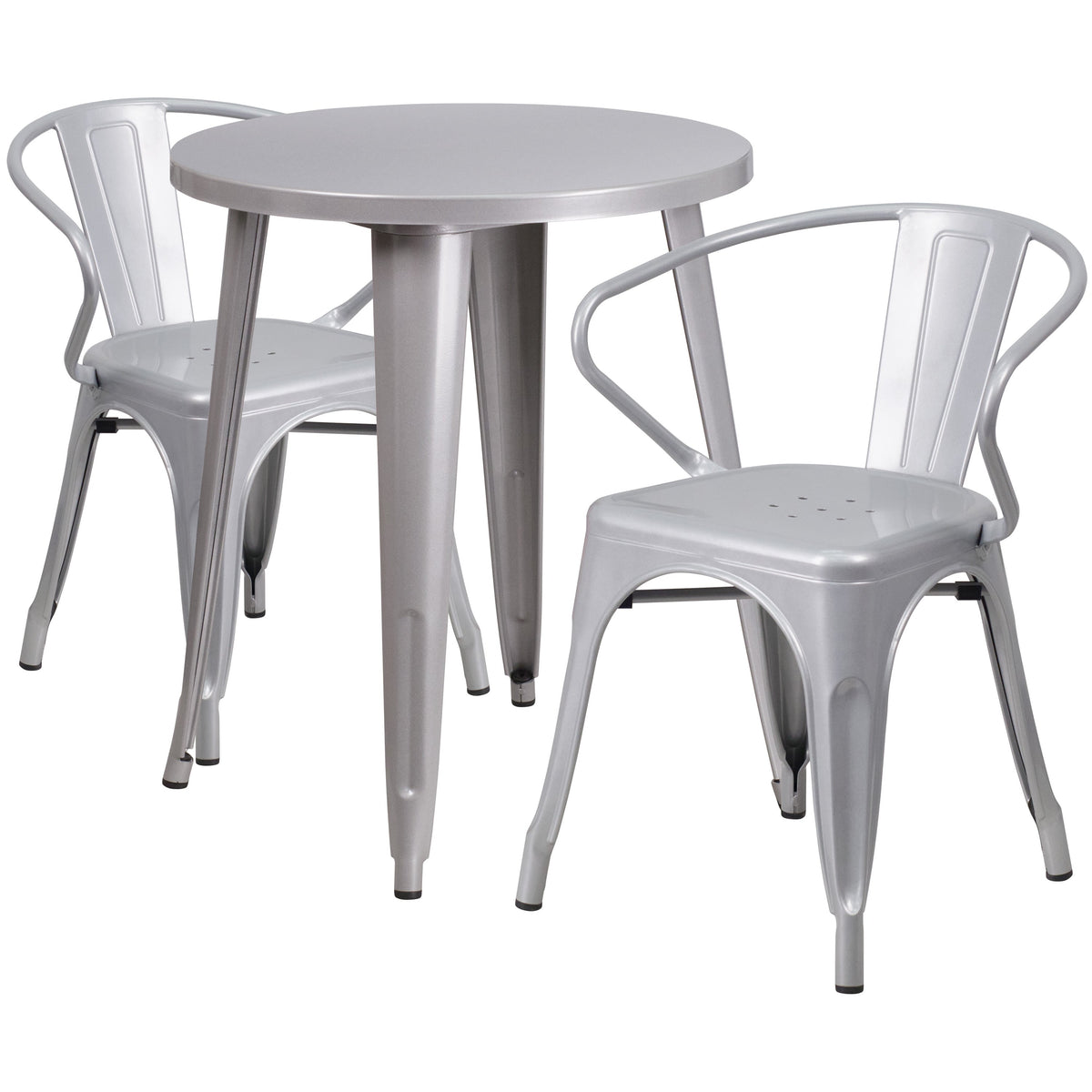 Silver |#| 24inch Round Silver Metal Indoor-Outdoor Table Set with 2 Arm Chairs - Patio Set