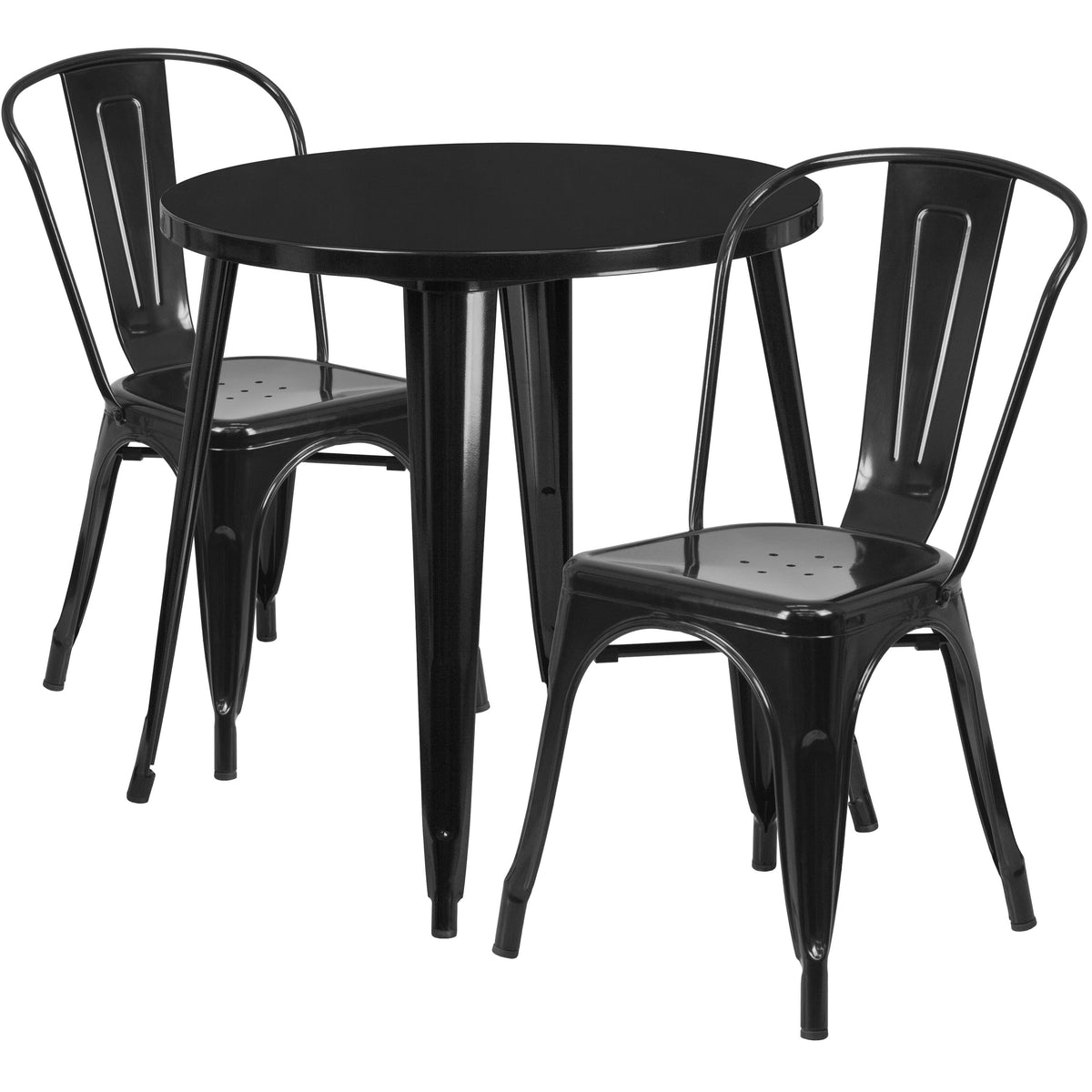 Black |#| 30inch Round Black Metal Indoor-Outdoor Table Set with 2 Cafe Chairs