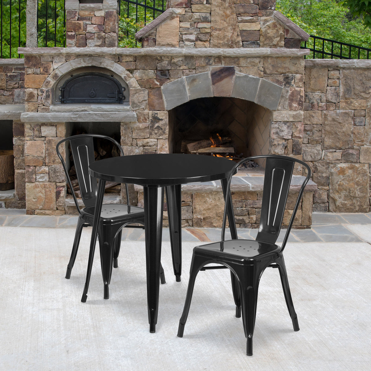 Black |#| 30inch Round Black Metal Indoor-Outdoor Table Set with 2 Cafe Chairs