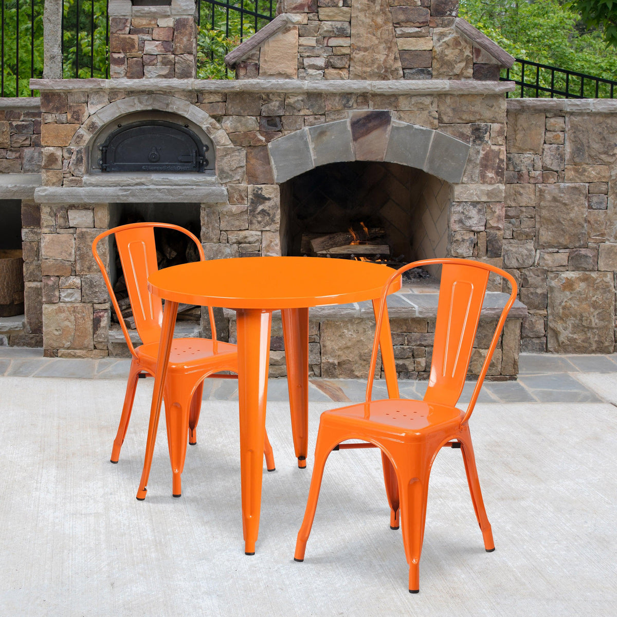 Orange |#| 30inch Round Orange Metal Indoor-Outdoor Table Set with 2 Cafe Chairs