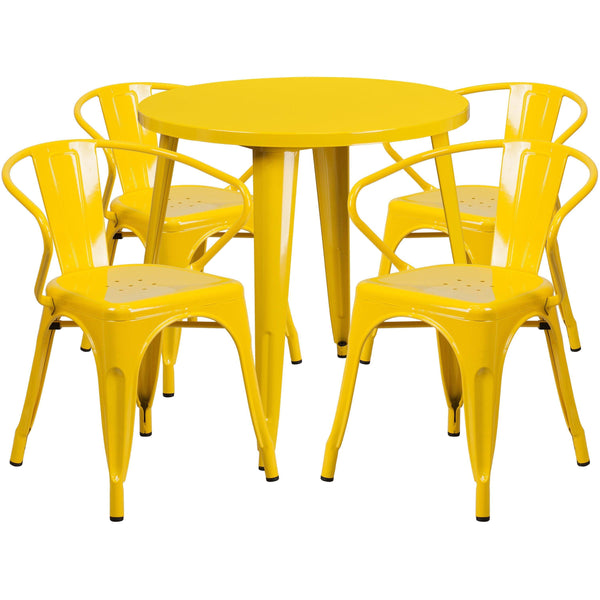 Yellow |#| 30inch Round Yellow Metal Indoor-Outdoor Table Set with 4 Arm Chairs