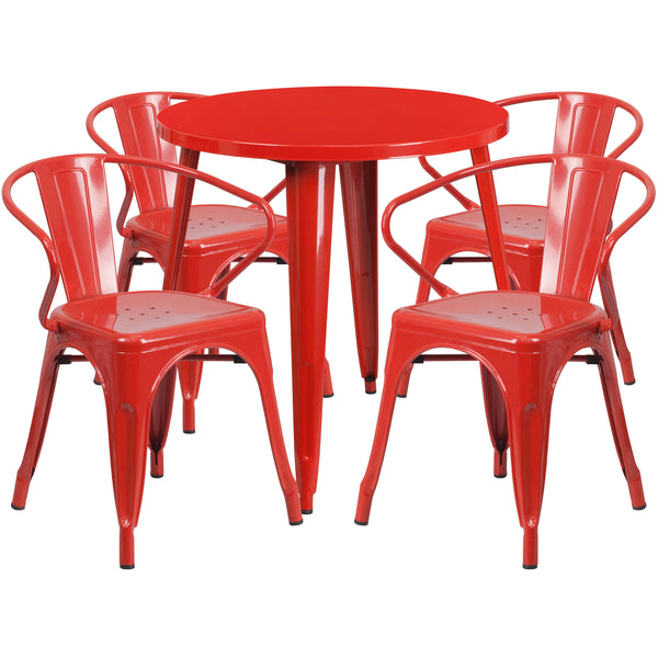 Red |#| 30inch Round Red Metal Indoor-Outdoor Table Set with 4 Arm Chairs