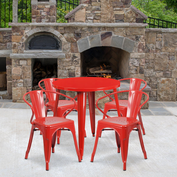 Red |#| 30inch Round Red Metal Indoor-Outdoor Table Set with 4 Arm Chairs