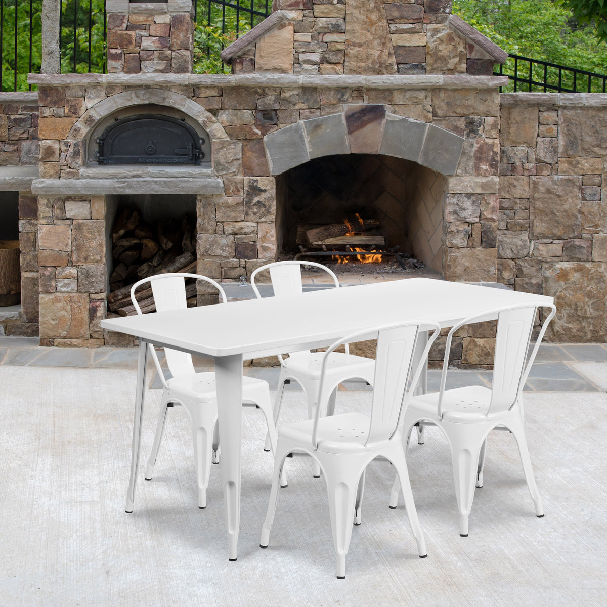 White |#| 31.5inch x 63inch Rectangular White Metal Indoor-Outdoor Table Set w/ 4 Stack Chairs