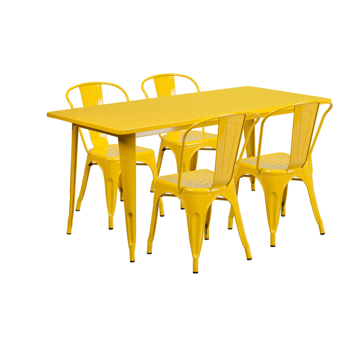 Yellow |#| 31.5inch x 63inch Rectangular Yellow Metal Indoor-Outdoor Table Set w/ 4 Stack Chairs