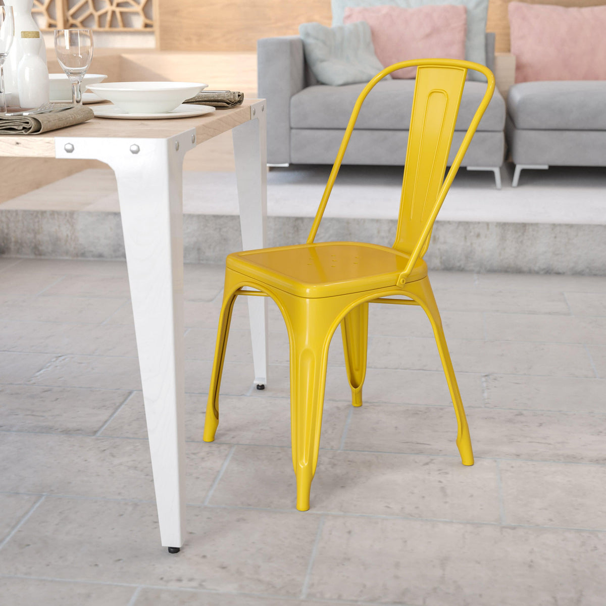 Yellow |#| Yellow Metal Indoor-Outdoor Stackable Chair - Restaurant Chair - Bistro Chair