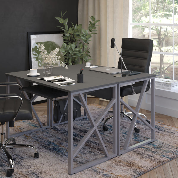 Black Computer Desk with Pull-Out Keyboard Tray and Cross-Brace Frame