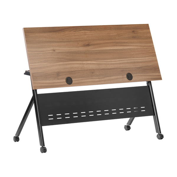 Walnut Top/Black Frame |#| Commercial Nesting Flip Training Table with Steel Frame and Y-Legs in Walnut/Blk