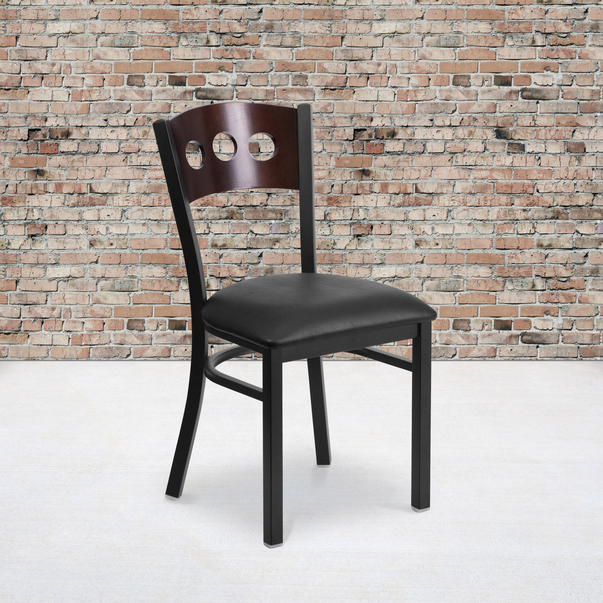 Walnut Wood Back/Black Vinyl Seat/Black Metal Frame |#| Black 3 Circle Back Metal Restaurant Chair - Walnut Wood Back, Black Vinyl Seat