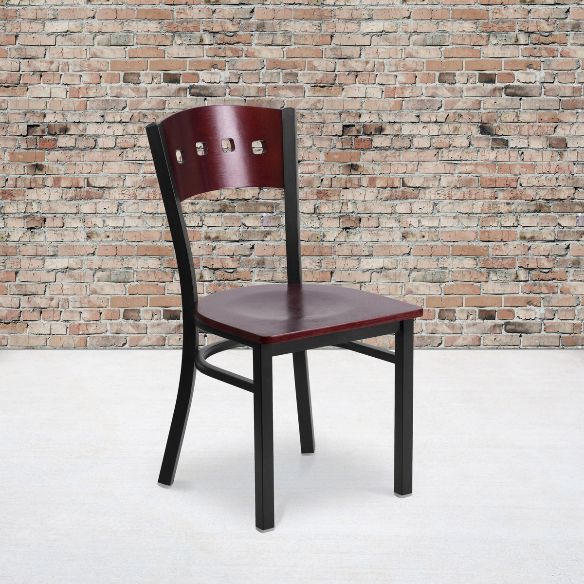 Mahogany Wood Back/Mahogany Wood Seat/Black Metal Frame |#| Black 4 Square Back Metal Restaurant Chair - Mahogany Wood Back & Seat