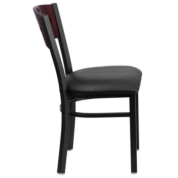 Mahogany Wood Back/Black Vinyl Seat/Black Metal Frame |#| Black 4 SQ Back Metal Restaurant Chair - Mahogany Wood Back, Black Vinyl Seat