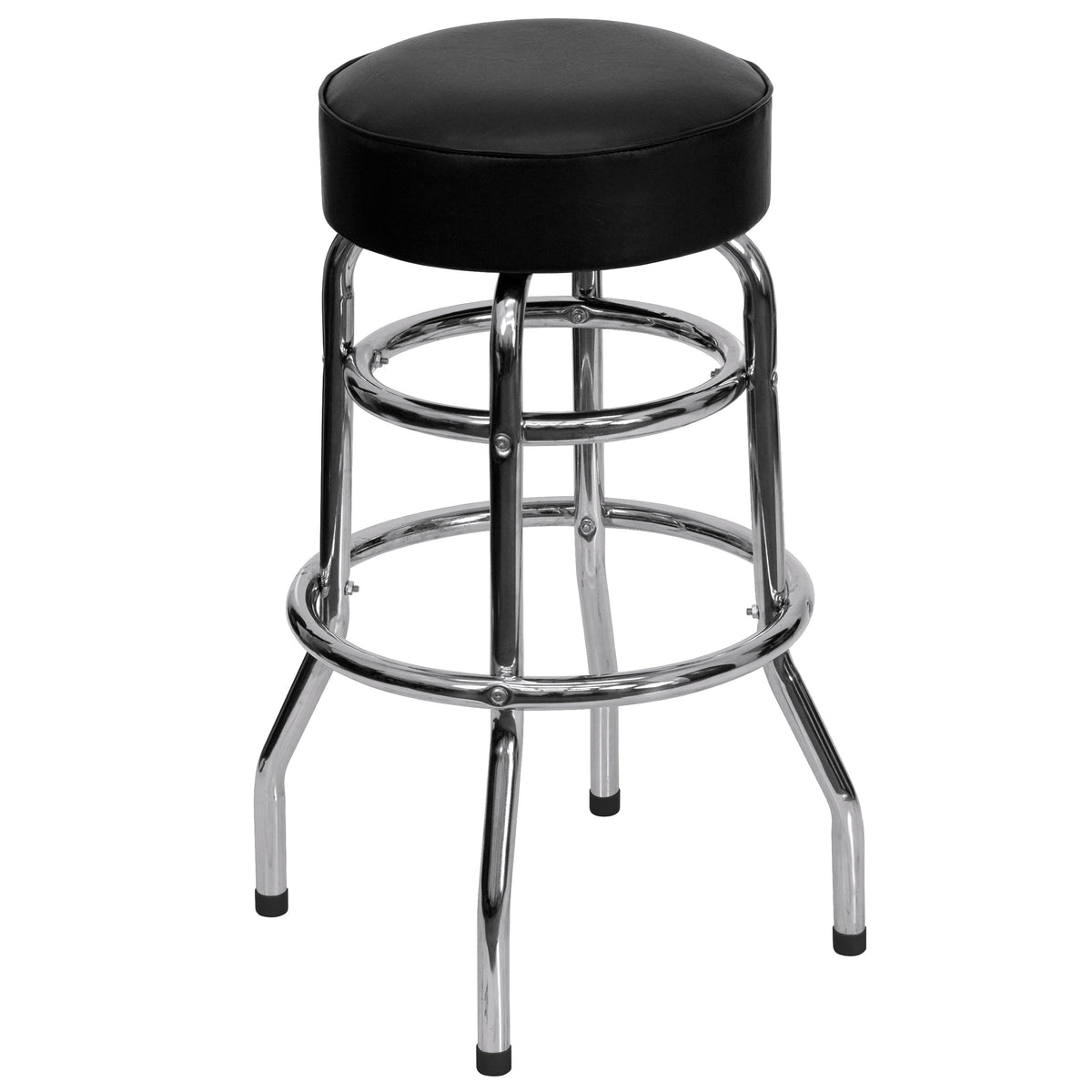 Black |#| Backless Double Ring Chrome Swivel Barstool with Black Vinyl Seat & Footrest