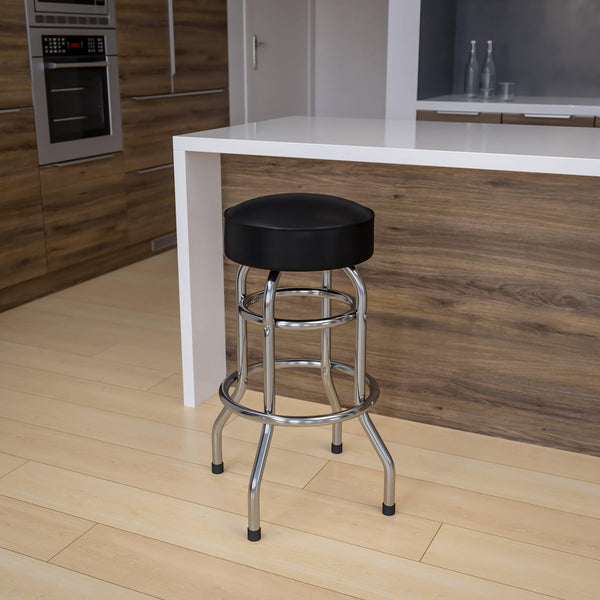 Black |#| Backless Double Ring Chrome Swivel Barstool with Black Vinyl Seat & Footrest