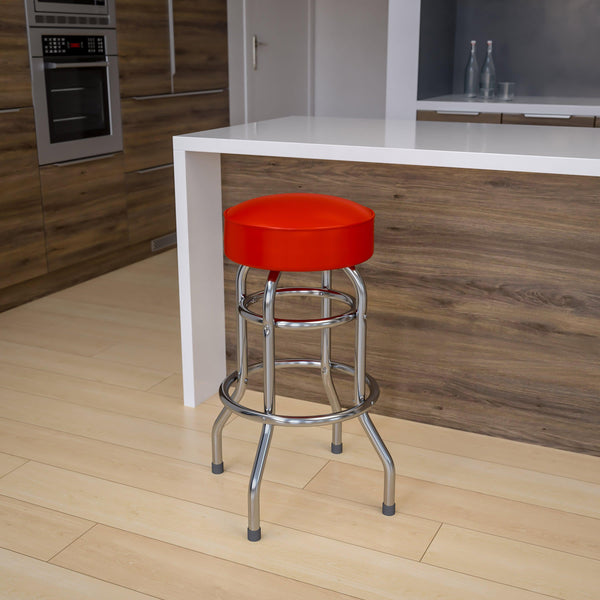 Red |#| Backless Double Ring Chrome Swivel Barstool with Red Vinyl Seat & Footrest