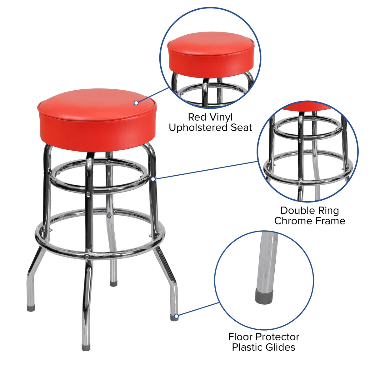 Red |#| Backless Double Ring Chrome Swivel Barstool with Red Vinyl Seat & Footrest