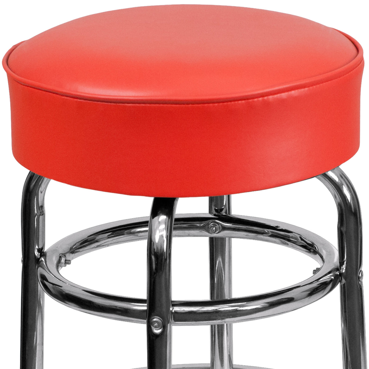 Red |#| Backless Double Ring Chrome Swivel Barstool with Red Vinyl Seat & Footrest