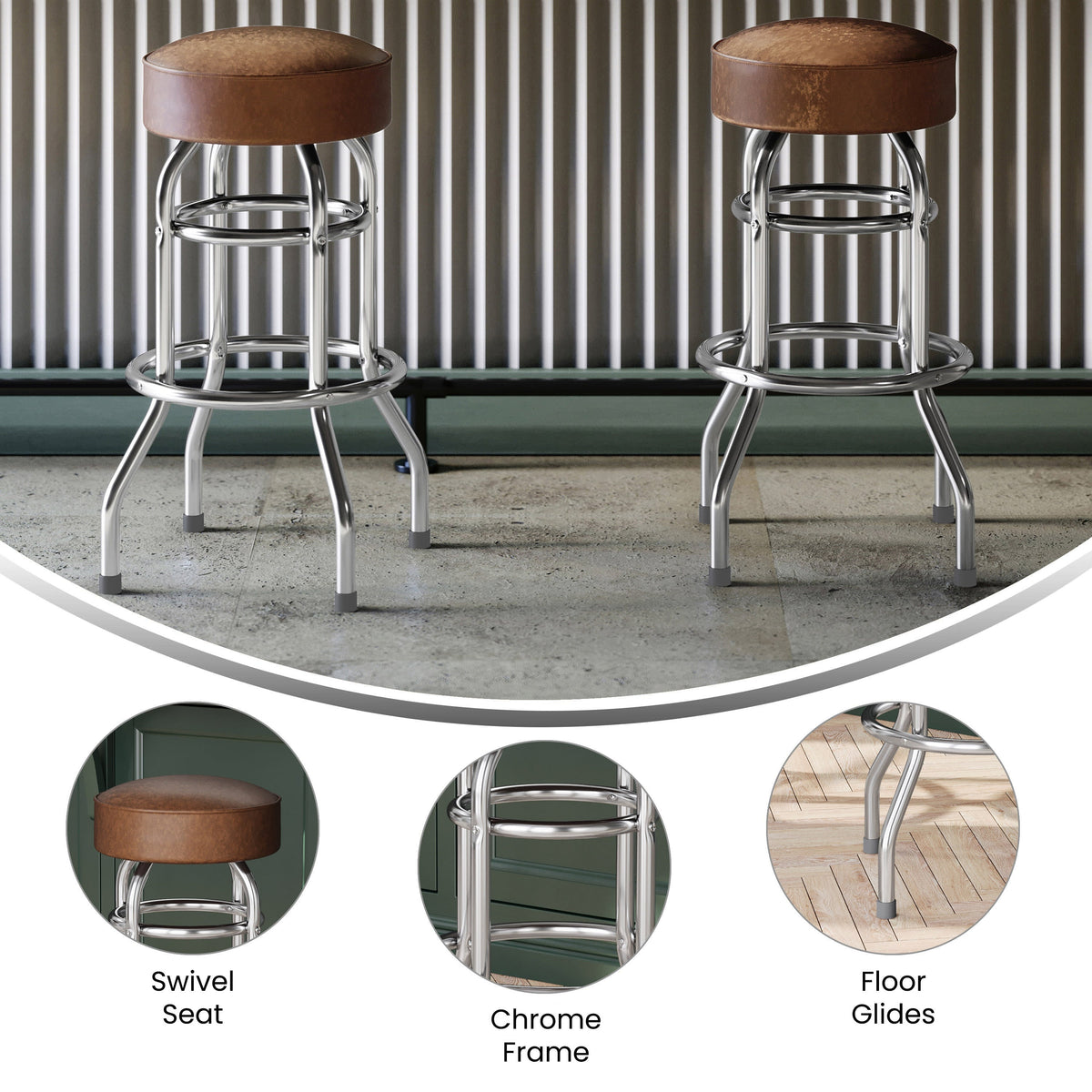 Weathered Brown |#| Backless Double Ring Chrome Swivel Barstool with Weathered Vinyl Seat