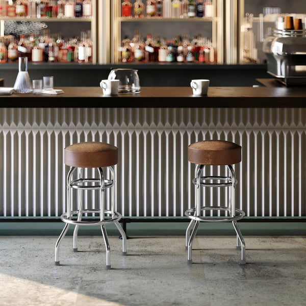 Weathered Brown |#| Backless Double Ring Chrome Swivel Barstool with Weathered Vinyl Seat