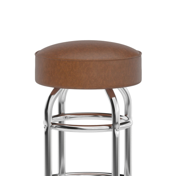 Weathered Brown |#| Backless Double Ring Chrome Swivel Barstool with Weathered Vinyl Seat