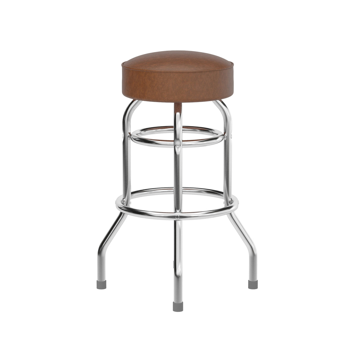 Weathered Brown |#| Backless Double Ring Chrome Swivel Barstool with Weathered Vinyl Seat