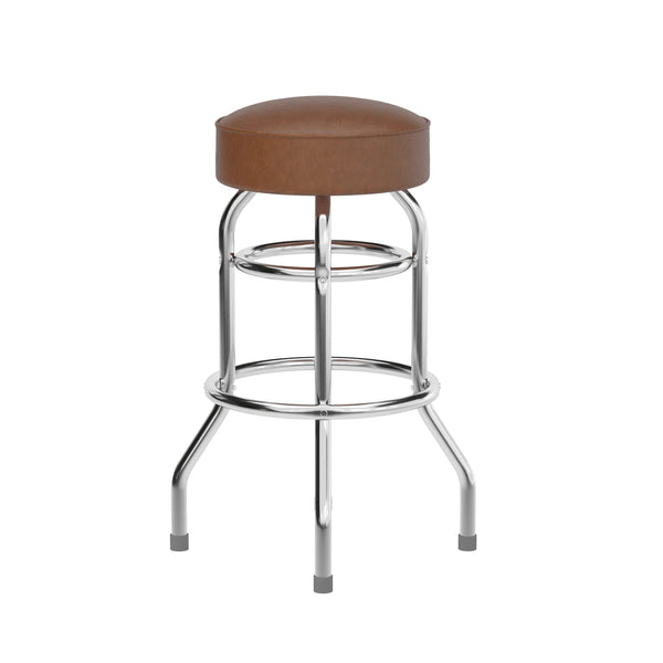 Weathered Brown |#| Backless Double Ring Chrome Swivel Barstool with Weathered Vinyl Seat