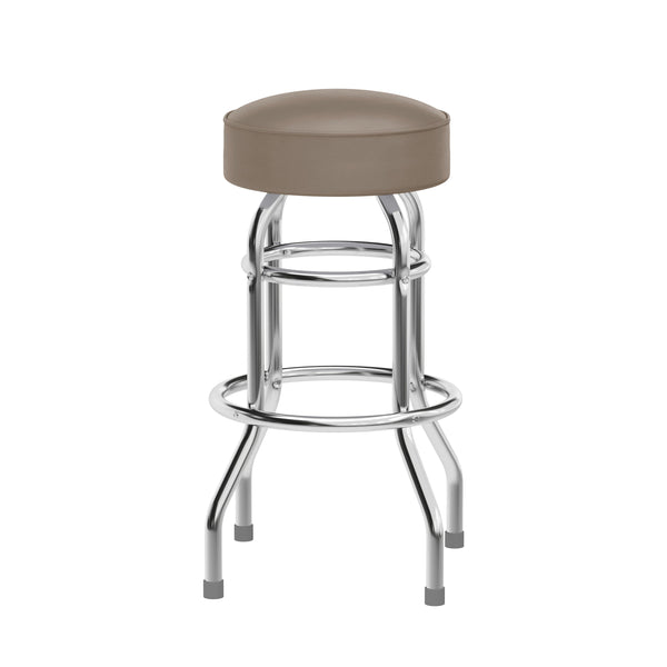 Beige |#| Backless Double Ring Chrome Swivel Barstool with Beige Vinyl Seat