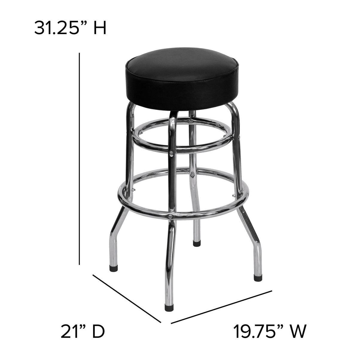 Black |#| Backless Double Ring Chrome Swivel Barstool with Black Vinyl Seat & Footrest