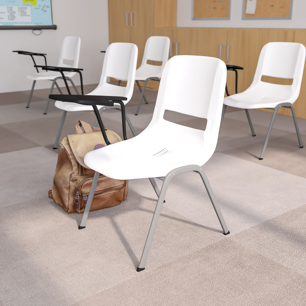 White |#| White Ergonomic Shell Chair with Right Handed Flip-Up Tablet - Tablet Arm Desk