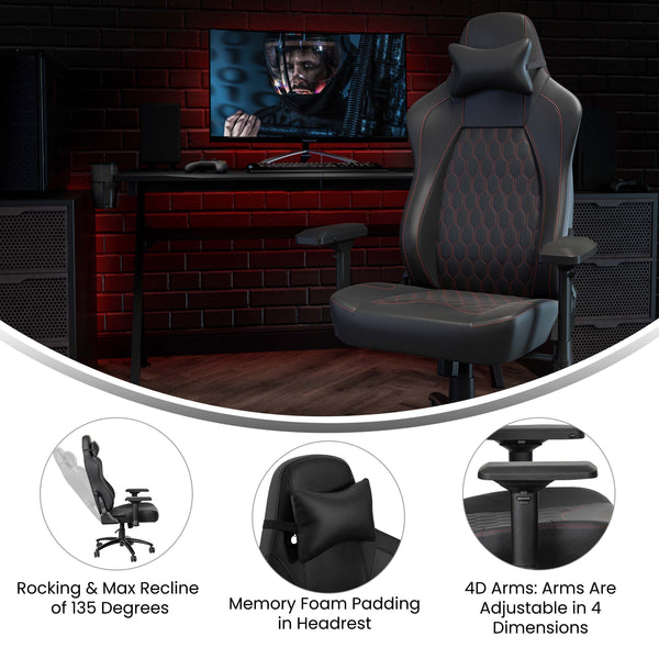 Black with Red Trim |#| Ergonomic Gaming Chair with 4D Armrests, Headrest, & Lumbar Support-Black/Red