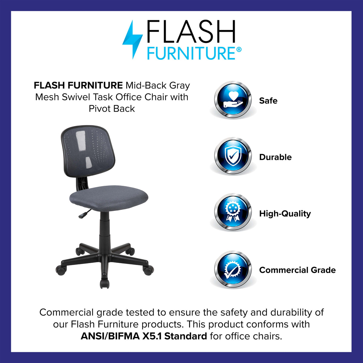 Gray |#| Flash Fundamentals Mid-Back Gray Mesh Swivel Task Office Chair with Pivot Back