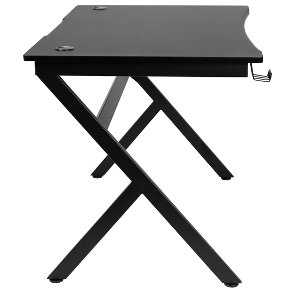 Black Computer Table Gaming Desk - Headphone Holder and 2 Cable Management Holes