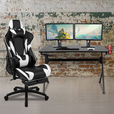 Gaming Desk and Footrest Reclining Gaming Chair Set with Cup Holder, Headphone Hook & 2 Wire Management Holes