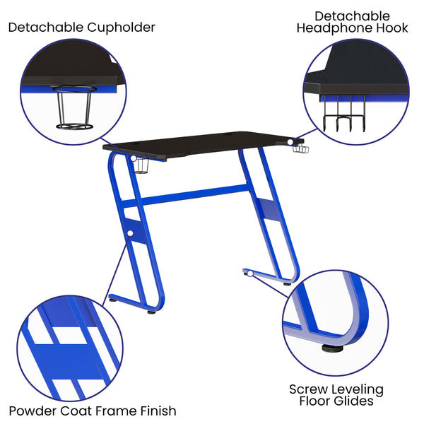 Blue |#| Blue Gaming Ergonomic Desk with Cup Holder and Headphone Hook