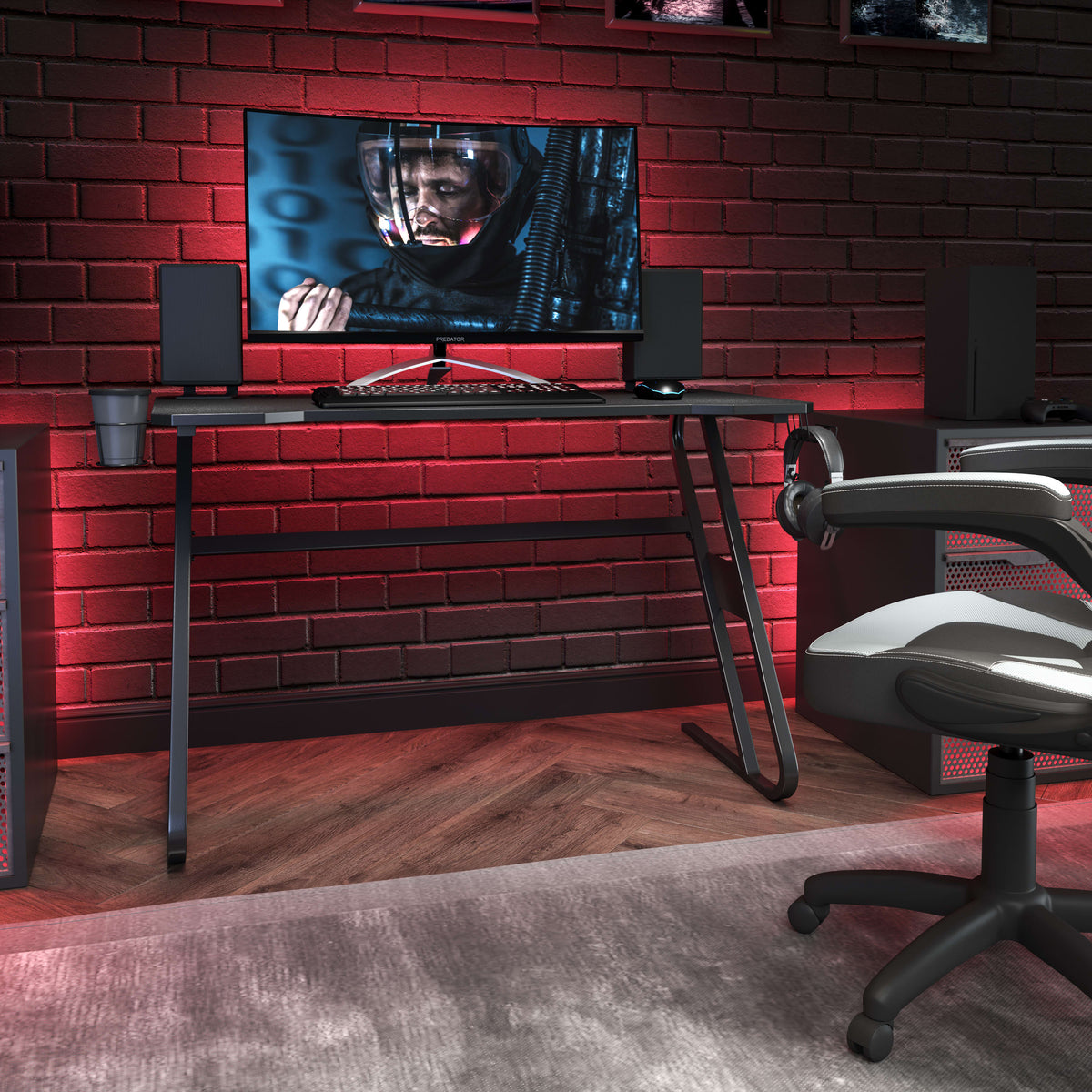 Black |#| Black Gaming Ergonomic Desk with Cup Holder and Headphone Hook