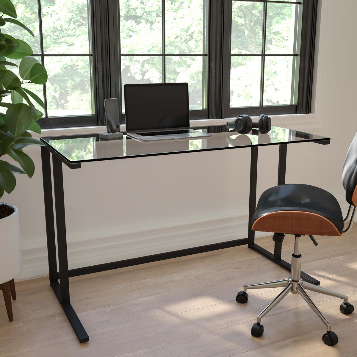 Glass Top Desk with Black Pedestal Metal Frame - Home Office Furniture