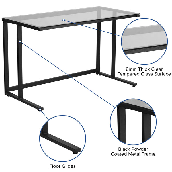 Glass Top Desk with Black Pedestal Metal Frame - Home Office Furniture