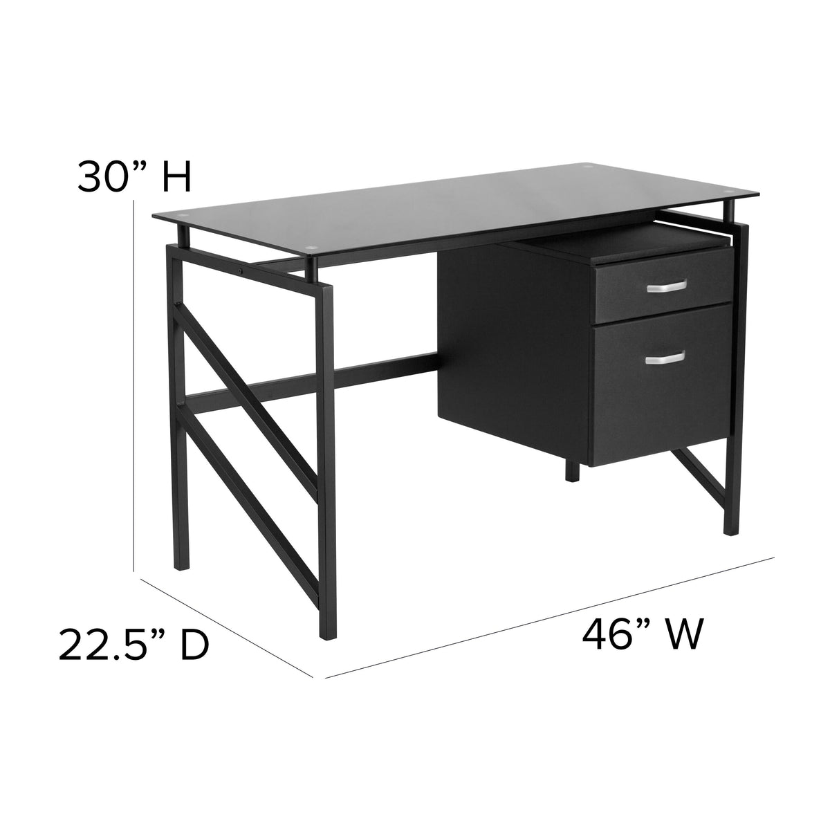 Two Drawer Pedestal Desk with Black Tempered Glass Top and Black Metal Frame