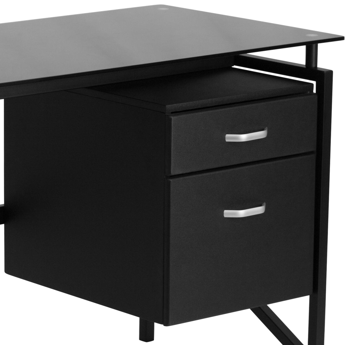 Two Drawer Pedestal Desk with Black Tempered Glass Top and Black Metal Frame